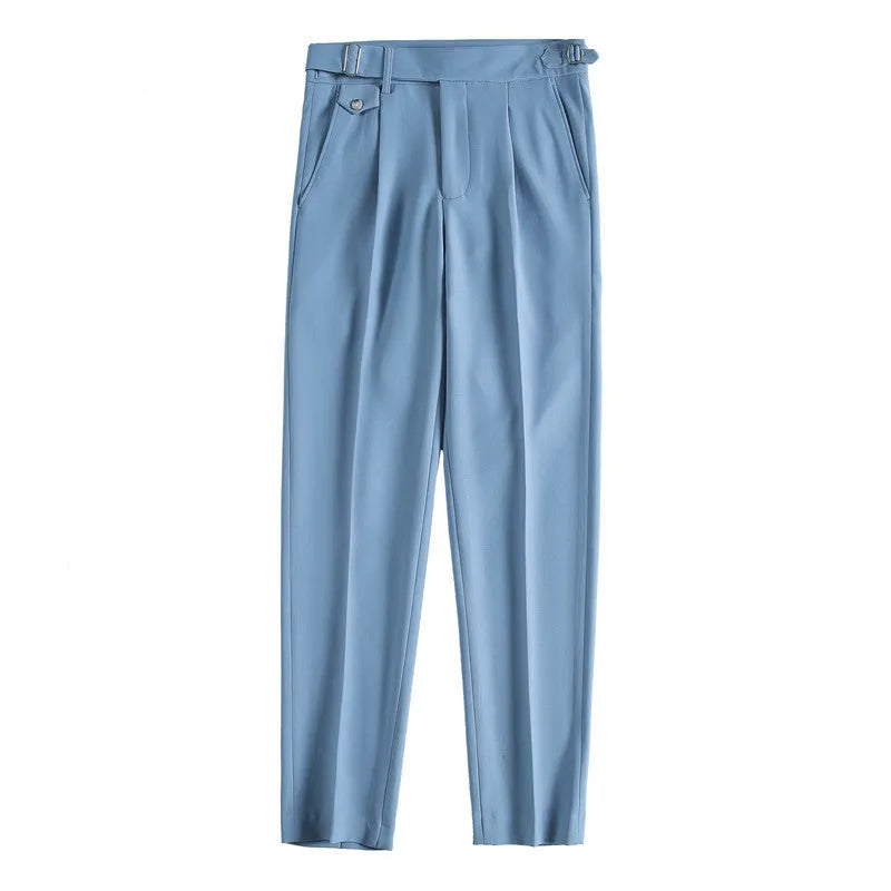 Men's straight-leg polyester trousers in solid colours with waist size range 29-36