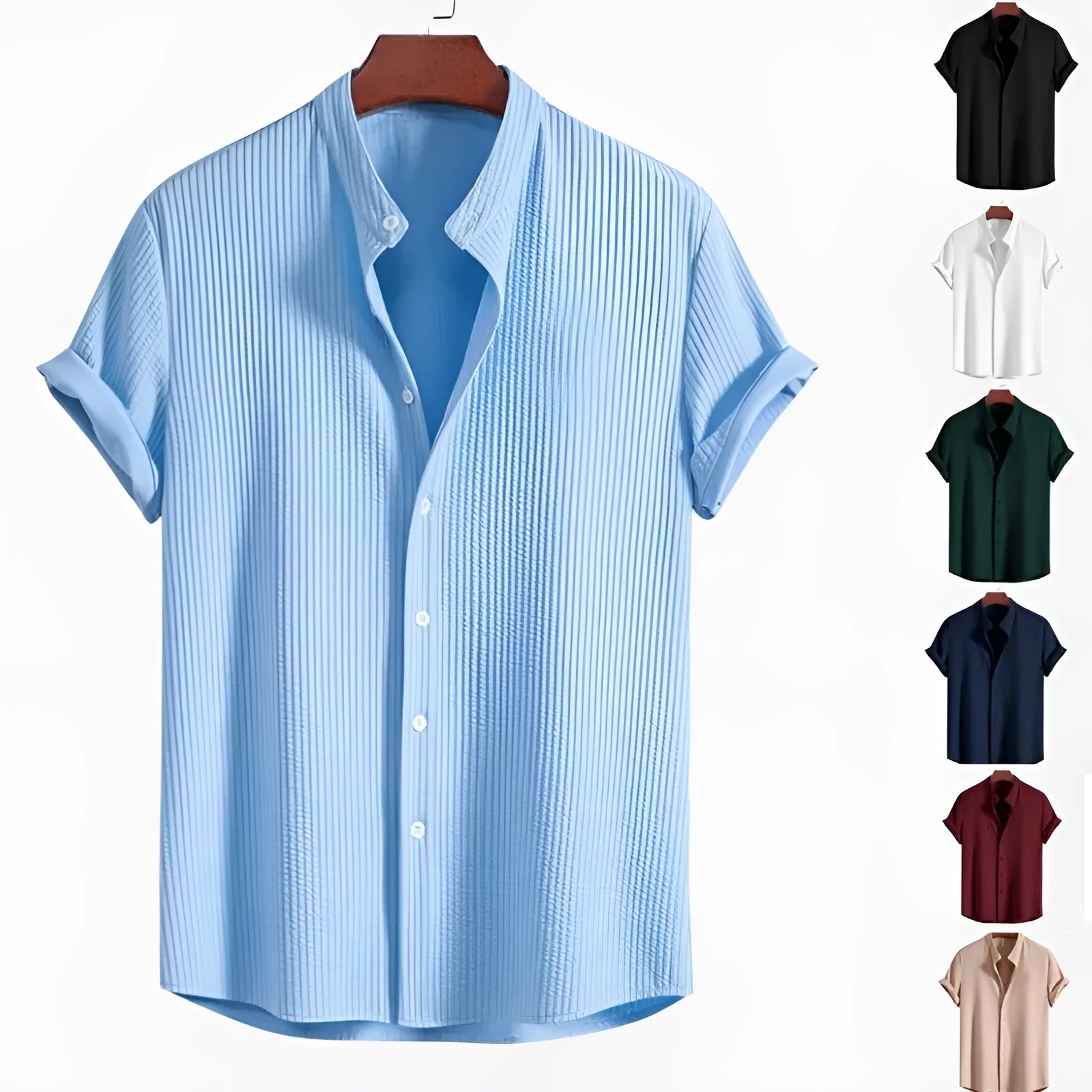 Men's loose short sleeve summer shirt in multiple colours on a hanger.