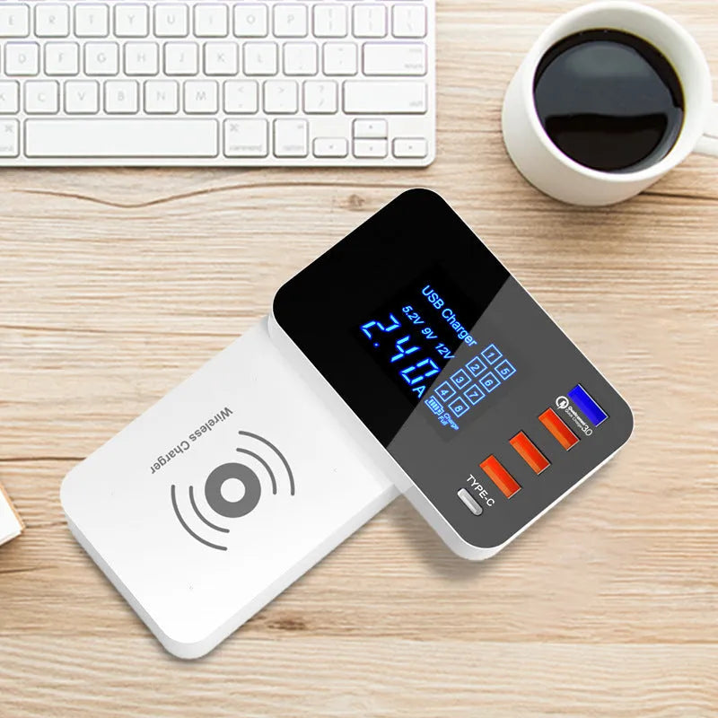 White multi-port USB fast charger with wireless charging pad and 1.5m cable