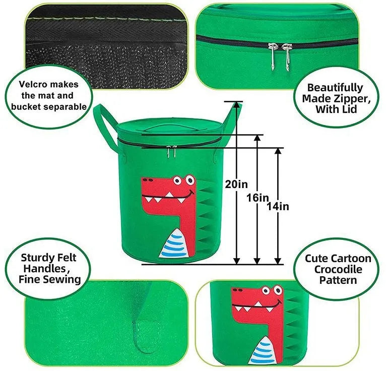Green cube-shaped felt storage bag with pull rope, laid flat as a play mat.