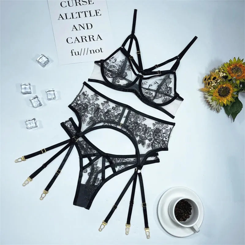 Women's black lace three-piece set with floral print showing top, pants and waist ring