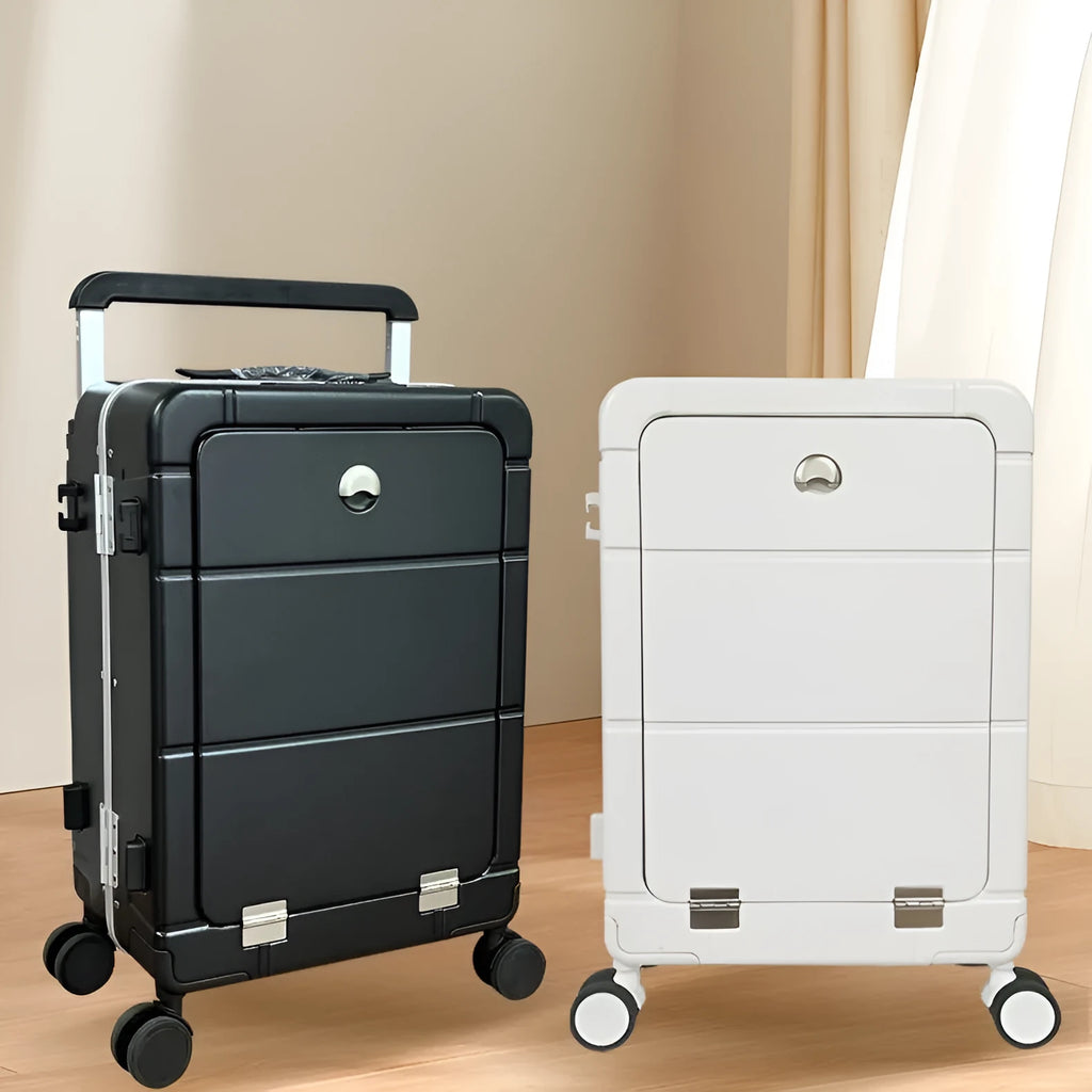 Front opening 20-inch suitcase showing dry wet separation compartments and universal wheels