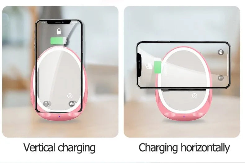 Portable vertical wireless charger with fill light mirror, 125x94x30mm, Micro USB, white or girl powder