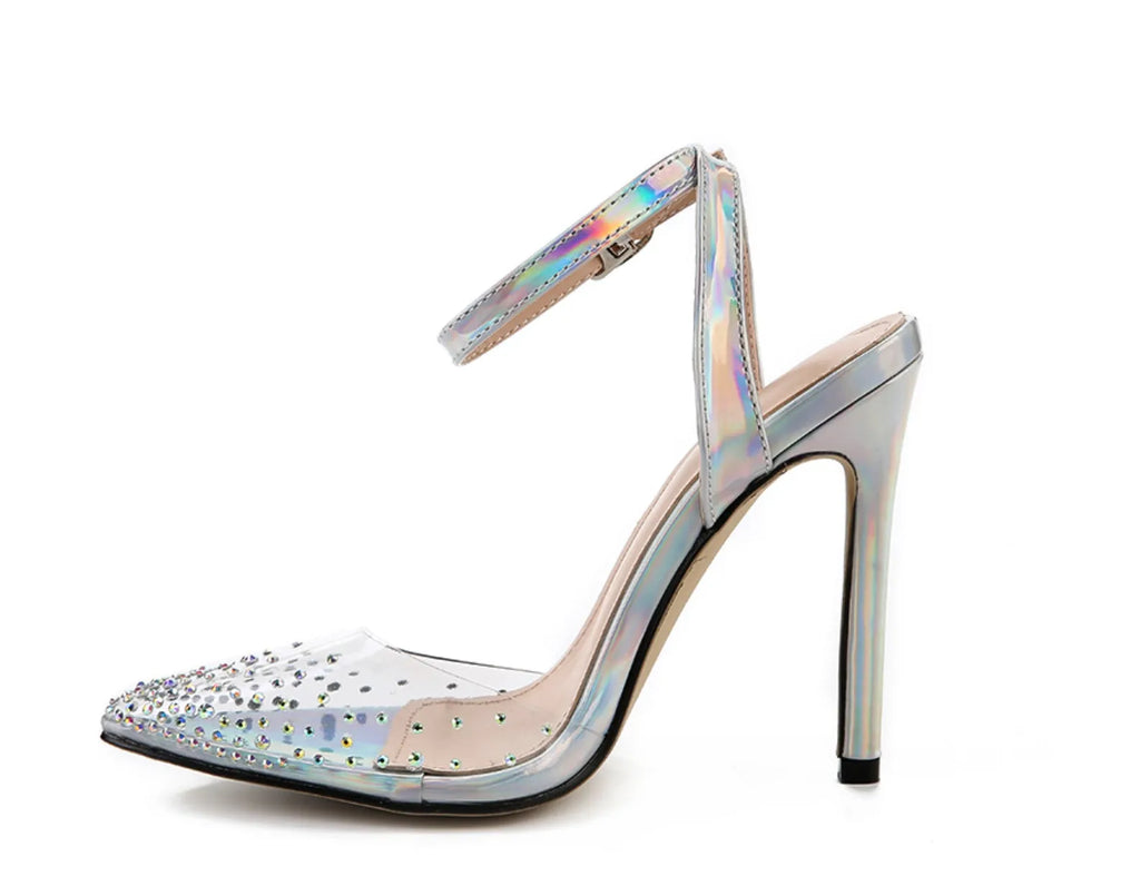 Women's pointed toe sandals with stiletto heel and diamond detail, made from PVC, shown on a size chart.