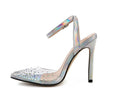 Women's pointed toe sandals with stiletto heel and diamond detail, made from PVC, shown on a size chart.