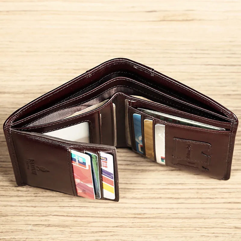 Men's leather organiser wallet open to show internal compartments including card slots and a zipped coin pocket.