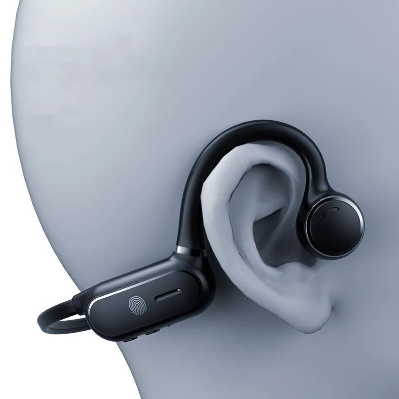 Black air conduction Bluetooth earphones with titanium alloy frame showing ear-hook design