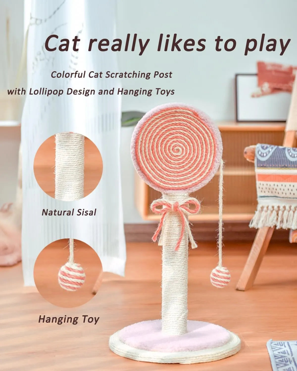 Blue cat scratching post with natural sisal rope and a hanging yellow ball toy on a sturdy wooden base.