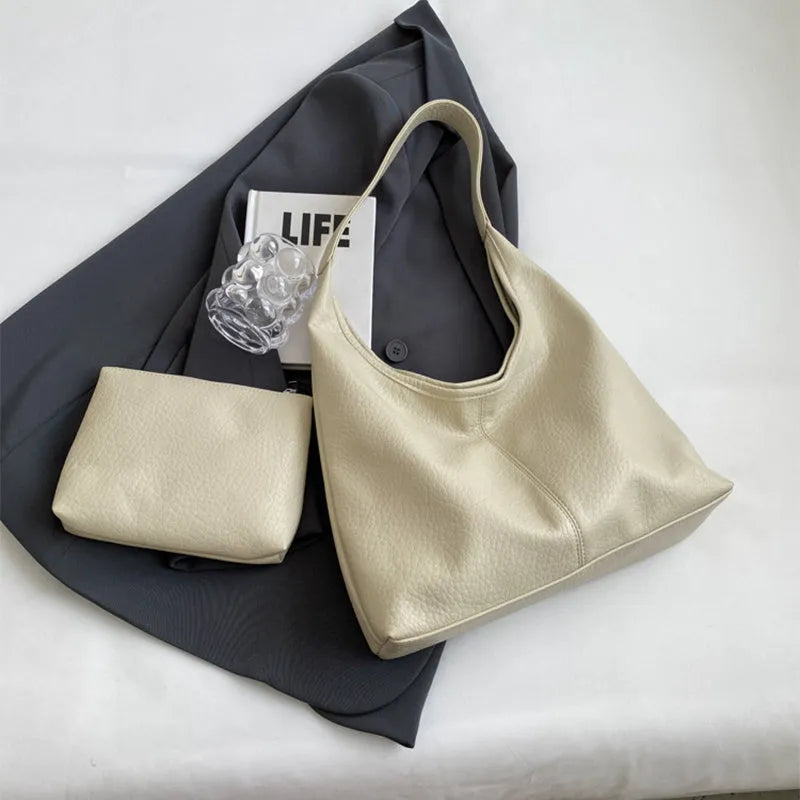 2Pcs women's large capacity PU shoulder bag set with small wallet in beige, black, apricot, brown, coffee, or khaki