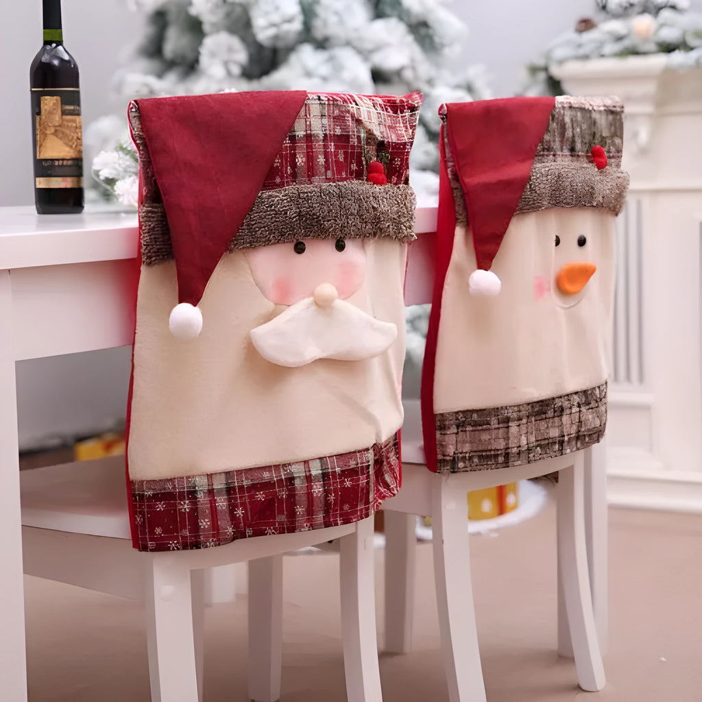 Set of red and white Christmas dining chair covers featuring Santa Claus, Snowman, and Santa hat designs.