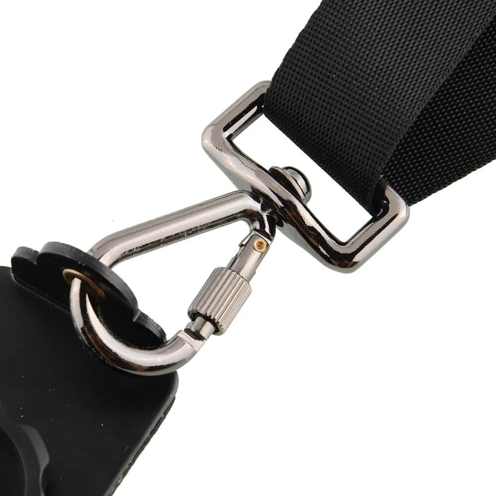 Black professional dual SLR camera strap with shoulder padding shown holding two cameras.