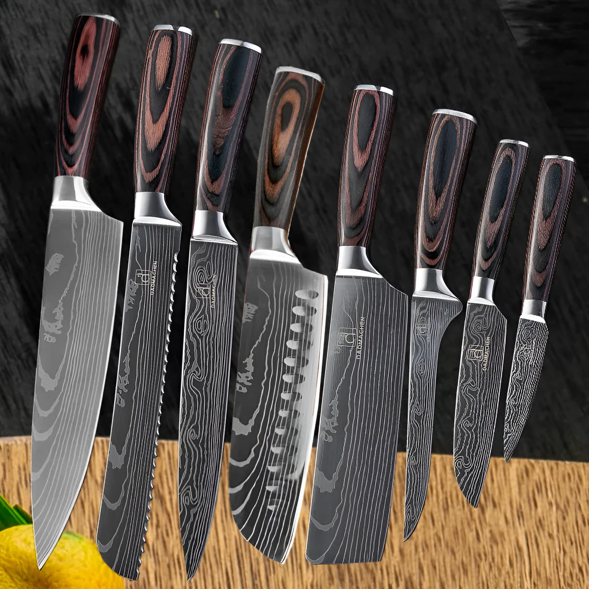 7CR17 stainless steel chef knife with laser Damascus pattern, 30cm long with colour steel handle