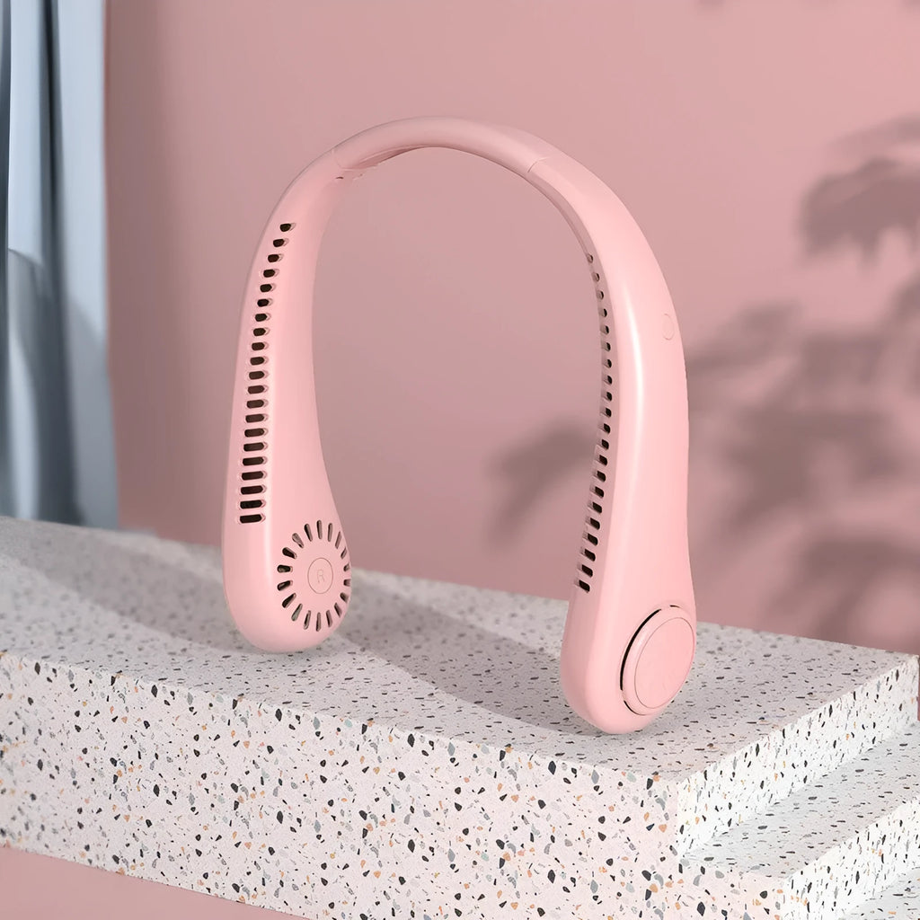 Pink USB rechargeable bladeless neck fan worn around neck for hands-free cooling
