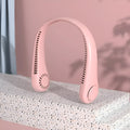 Pink USB rechargeable bladeless neck fan worn around neck for hands-free cooling