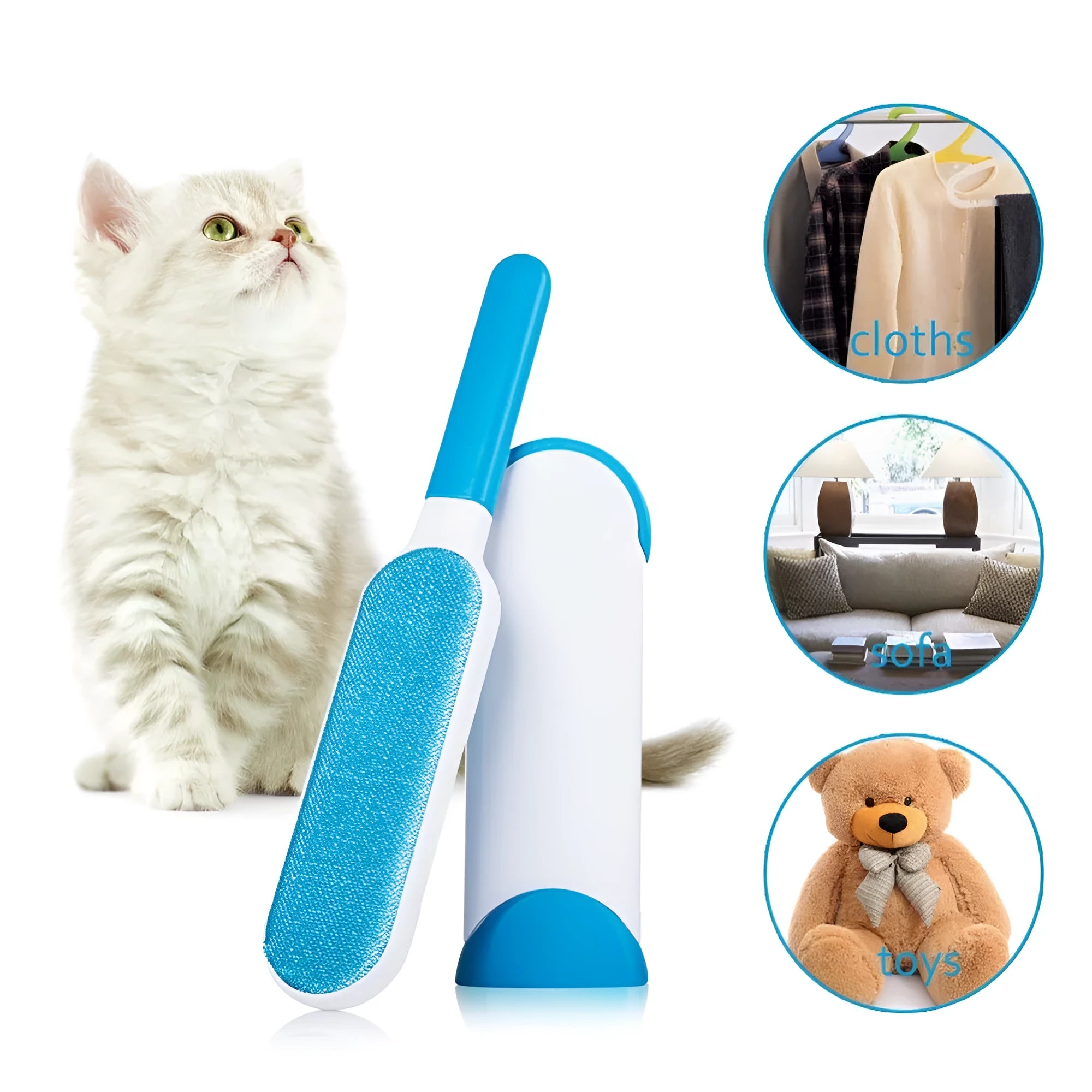 Blue reusable pet hair remover brush with self-cleaning base for removing fur from a grey sofa.