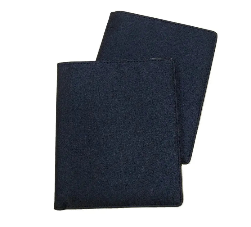Blue imitation leather PU notebook shell measuring 18.5 by 15.5 centimetres with a PP storage bag.