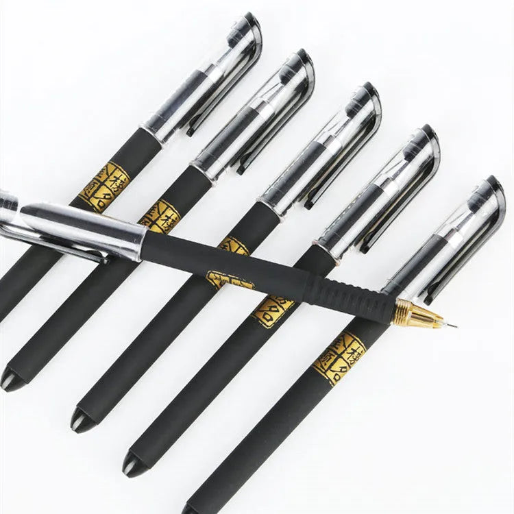 Pack of eight black gel pens with triangular grips and 0.5mm tips, shown with bullet and needle style options.
