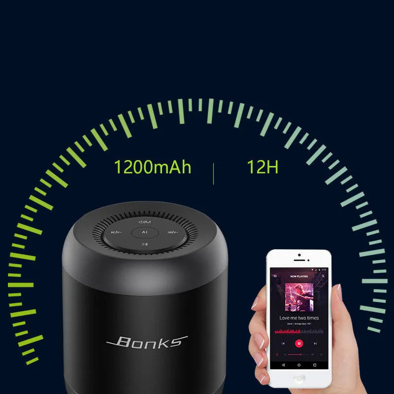 Black and white small Bluetooth speaker with AI voice control and buttons