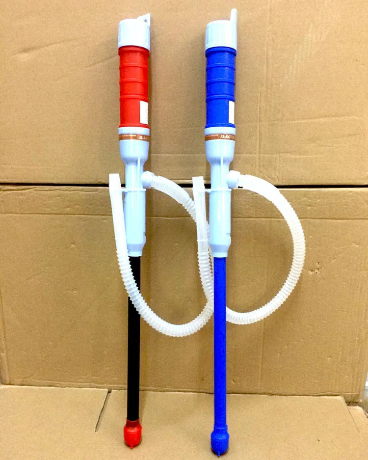 Manual hand-operated siphon pump with blue flexible tubing for transferring gasoline and oil.