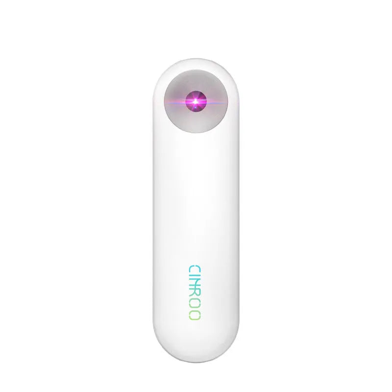 White portable UV sterilizer lamp showing compact dimensions of 116mm length with battery capacity and disinfection specifications