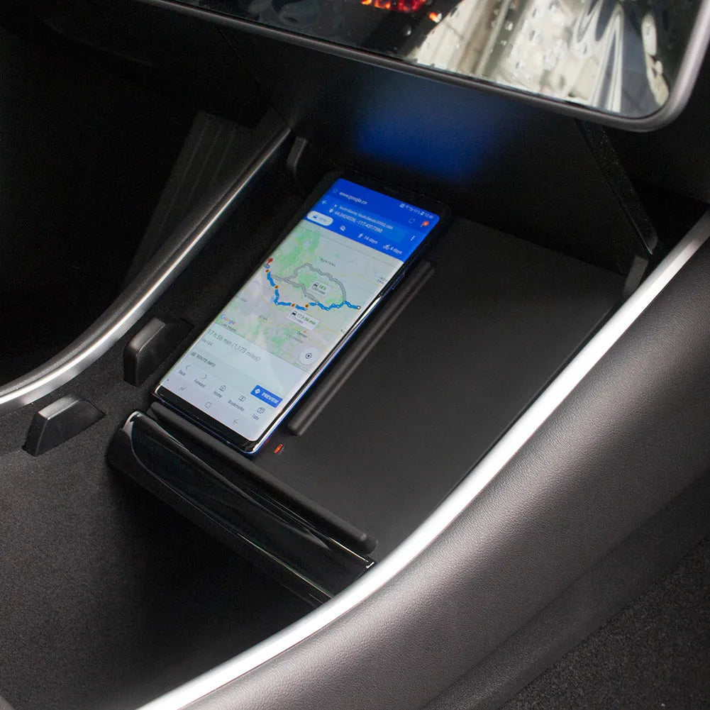 Black Tesla Model 3 wireless car charger pad, 10W max, 19.2 x 17.3 x 1.8cm, double separation line design