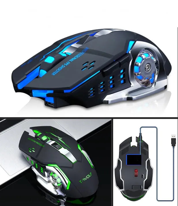 Black and white wireless charging silent computer mouse on a desk next to a laptop