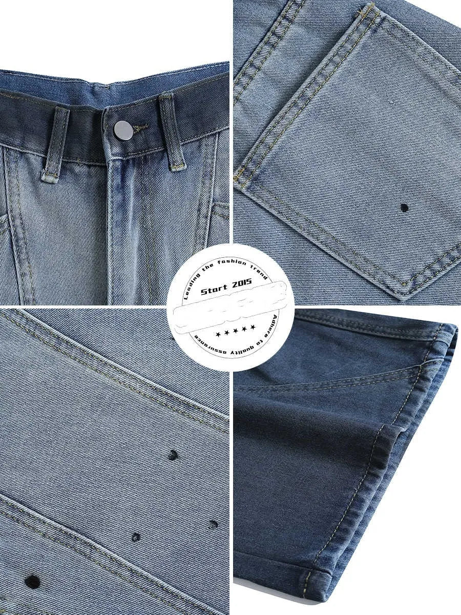 Blue tie-dye gradient washed-out cropped jeans in loose casual fit with mid waist design