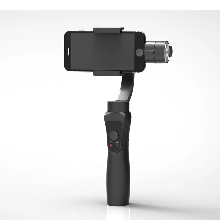 Black three-axis mobile phone gimbal stabilizer for smartphones under 6.5 inches with adjustable rotation speeds