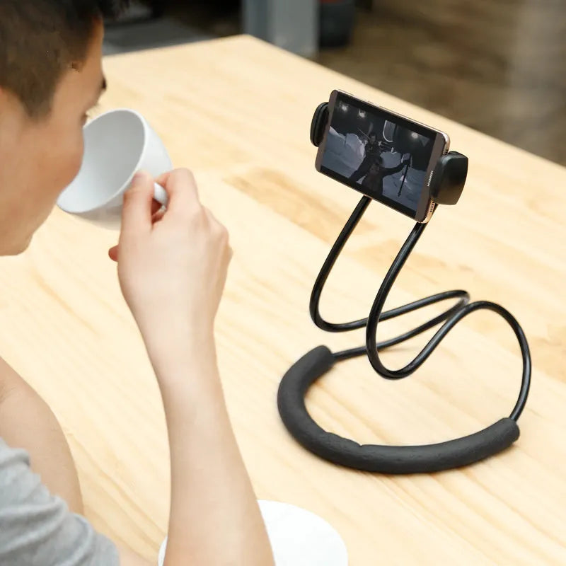 Black Baseus flexible gooseneck phone holder showing neck hanging and 360-degree adjustment with shockproof support.