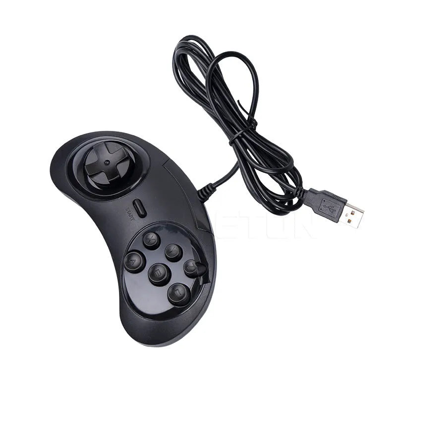 Black Sega USB computer game controller with braided copper wire