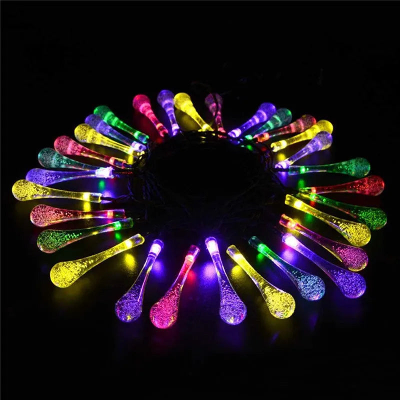 6.5 metre solar LED outdoor string lights with waterproof bubble drop pendants on 30 bulbs