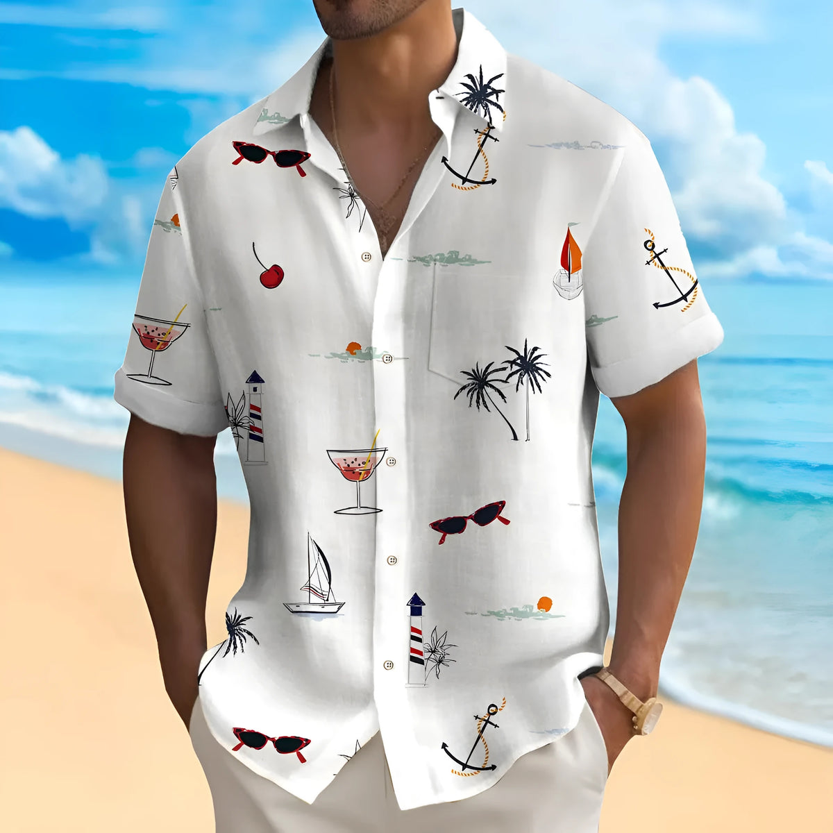Man wearing a loose-fit short-sleeve Hawaiian shirt with a colourful digital print pattern.