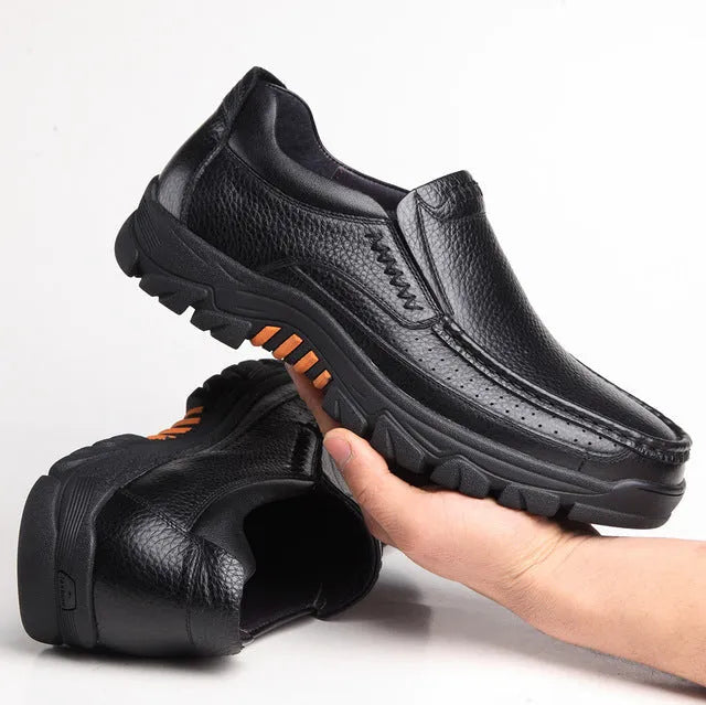 Men's black and brown business casual leather slip-on shoes with rubber sole