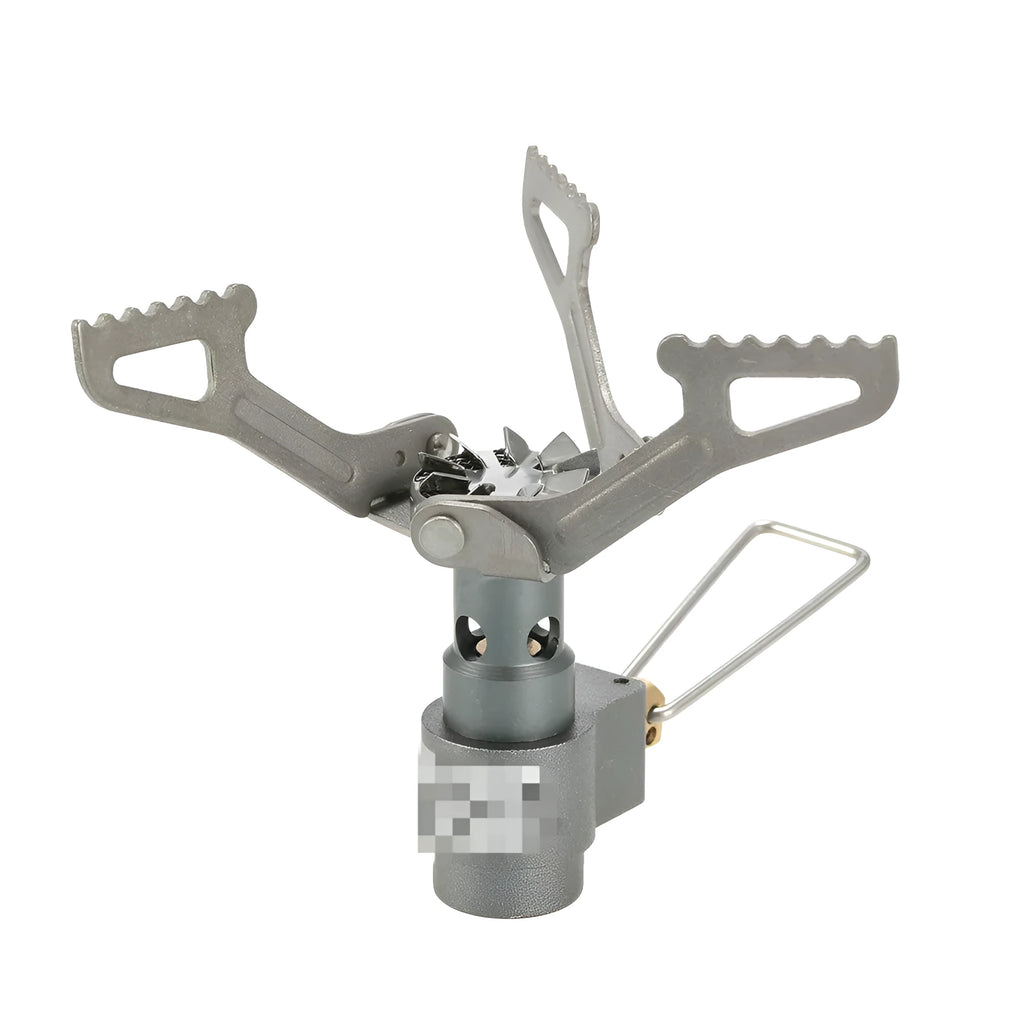Portable metal camping gas stove with a one-piece burner, shown on a flat surface.
