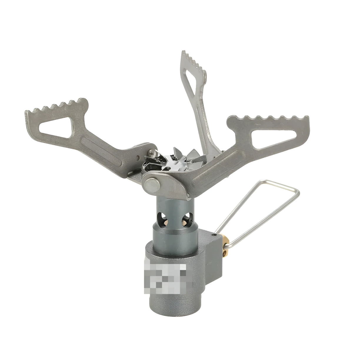 Portable metal camping gas stove with a one-piece burner, shown on a flat surface.