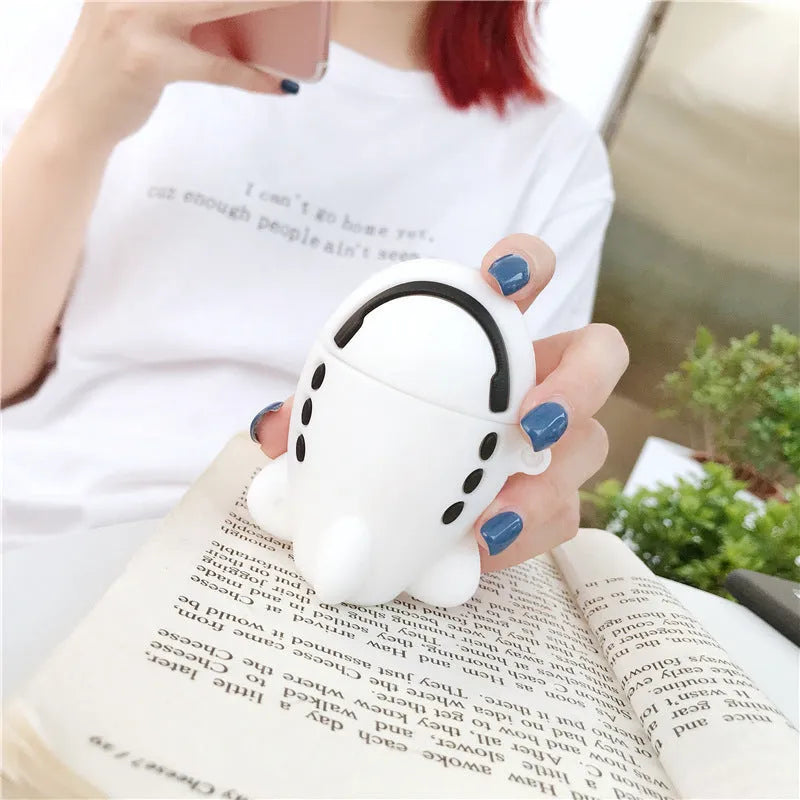 Silicone flip case for AirPods 1 and 2 with cartoon aeroplane design and attached hook