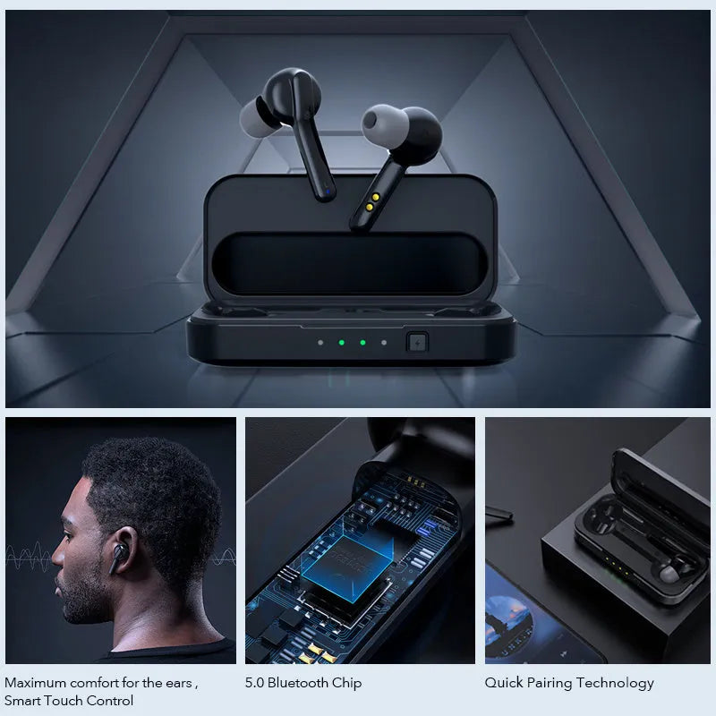 Black and white TWS wireless earbuds with Bluetooth 5.0 and IPX5 waterproof rating