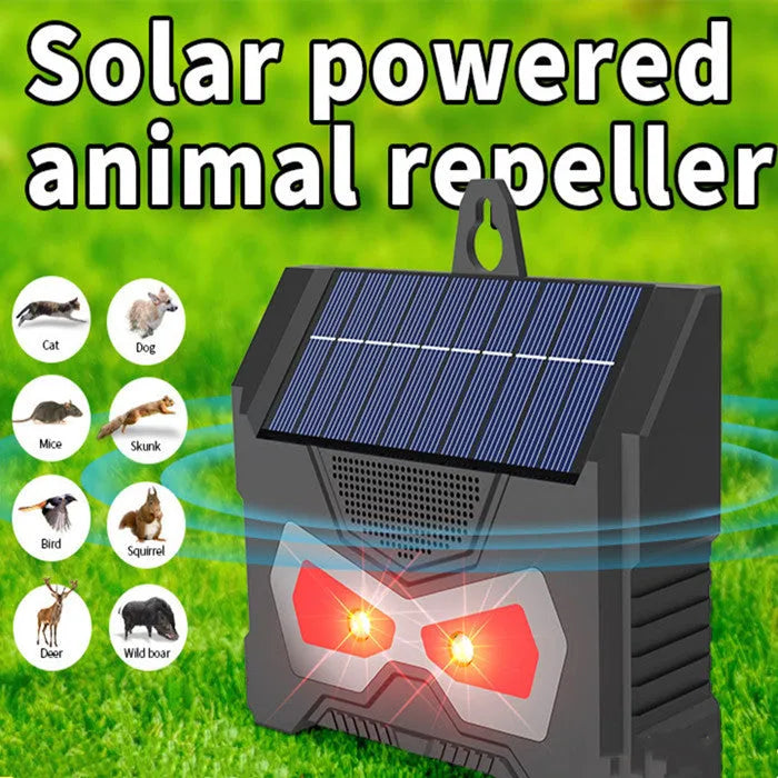 Black solar-powered ultrasonic animal repeller for outdoor garden pest control