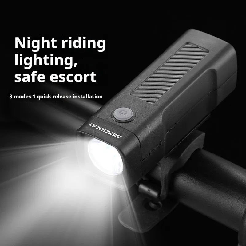 USB rechargeable bicycle headlight with LED lighting and quick release strap bracket