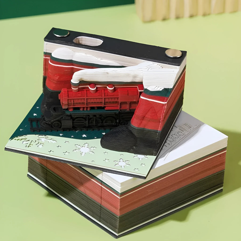 3D sticky notes with paper carving of Qingshui Temple in raised architectural relief with Christmas Train cover design