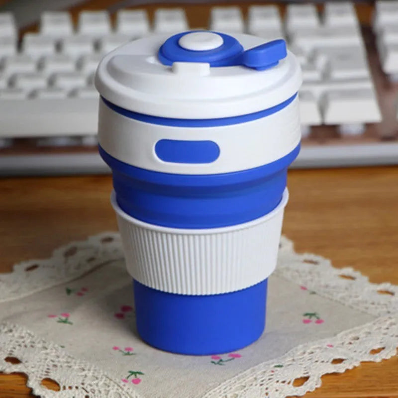 Green collapsible silicone travel mug showing expanded 350ml capacity and folded 6cm height