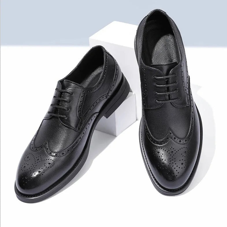 Men's black and brown PU leather brogue shoes for formal business wear.