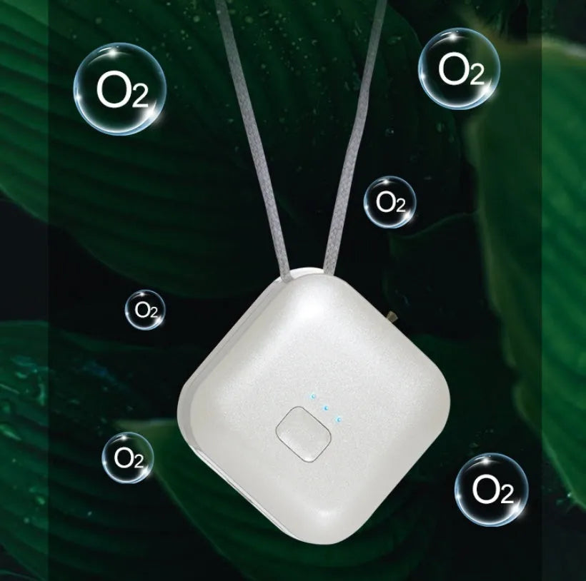 USB rechargeable wearable air purifier necklace in blue colour showing compact dimensions