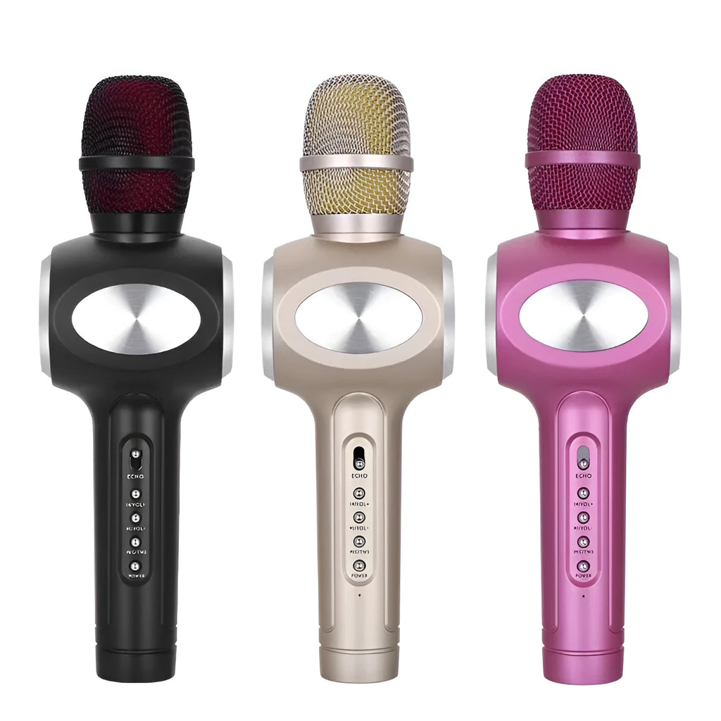 Yaerjia E108 mobile singing microphone in black, gold, or pink colour with smartphone connectivity