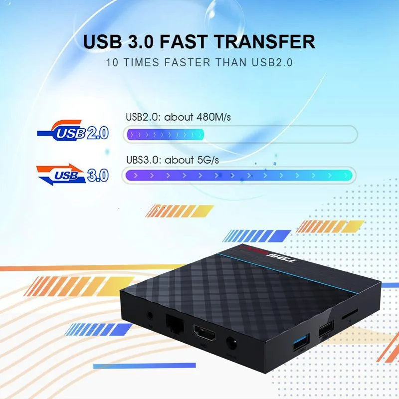 Black T95 Max Plus Android TV box with remote control, showing choice of UK, US, and EU plug options.