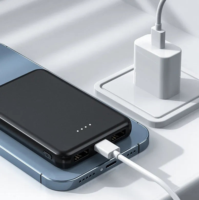 Black and white power bank for electric heating vest belts showing 97mm x 64mm x 14mm dimensions