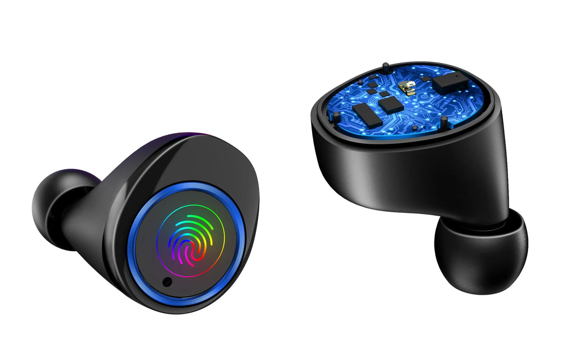 Black X11 Bluetooth wireless earbuds with charging case and silicone ear tips