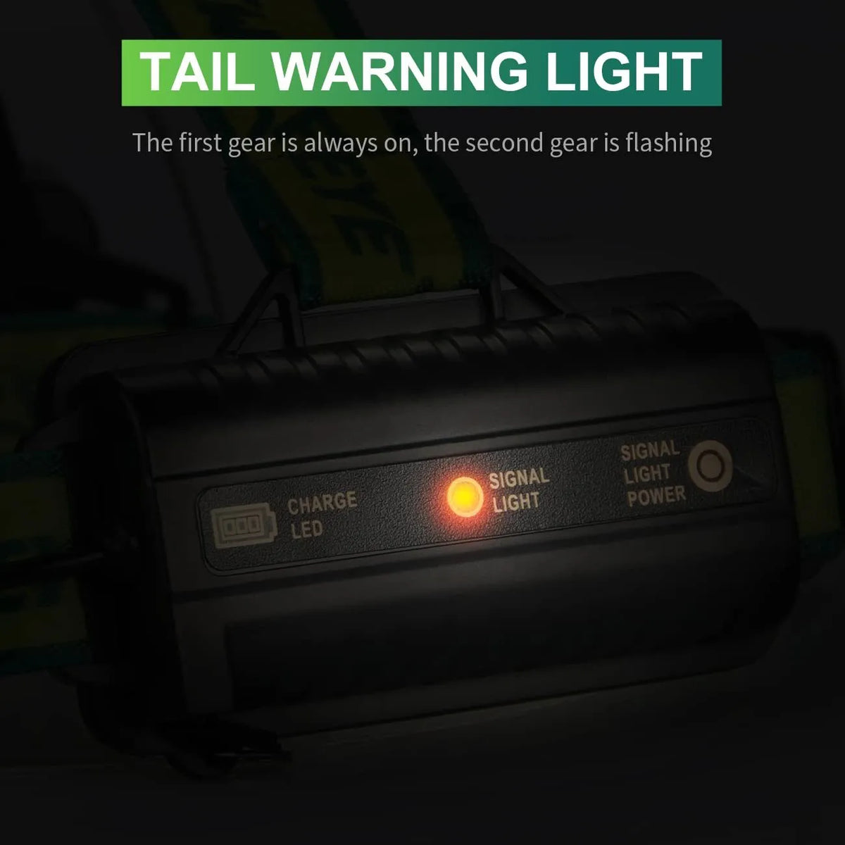 Yellow-green USB rechargeable headlamp with aluminium alloy housing and adjustable head strap.