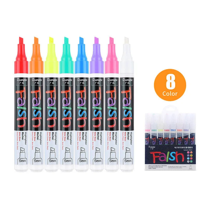 Oblique-shaped 6mm fluorescent board highlighter with plastic shell and 8-colour set on card packaging.