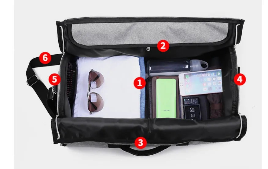 Medium sized red cylinder travel bag with a zipper, made from Oxford cloth.